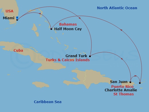 Route map: Miami, Florida, US → Grand Turk, Turks and Caicos → San Juan, Puerto Rico → St. Thomas, U.S.V.I. → RelaxAway Half Moon Cay, Bahamas → Miami, Florida, US