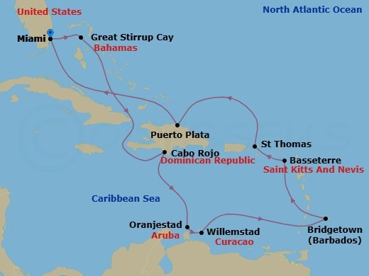 Route map: Miami, Fl → Great Stirrup Cay, Bahamas → Cabo Rojo, Dominican Republic → Oranjestad, Aruba → Willemstad, Netherland Antilles → Bridgetown, Barbados → Basseterre, Saint Kitts - Nevis → St Thomas, Vi → Puerto Plata, Dominican Republic → Miami, Fl