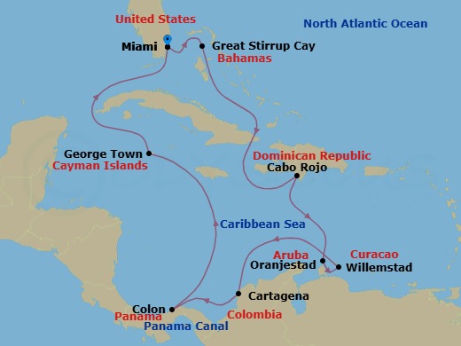 Route map: Miami, Fl → Great Stirrup Cay, Bahamas → Cabo Rojo, Dominican Republic → Oranjestad, Aruba → Willemstad, Netherland Antilles → Cartagena  Colombia → Panama Canal Gatun Lake Panama → Colon, Panama → George Town, Cayman Islands → Miami, Fl