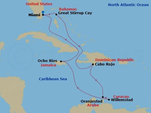 Route map: Miami, Fl → Great Stirrup Cay, Bahamas → Cabo Rojo, Dominican Republic → Oranjestad, Aruba → Willemstad, Netherland Antilles → Ocho Rios, Jamaica → Miami, Fl