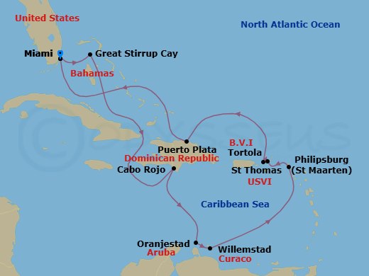 Route map: Miami, Fl → Great Stirrup Cay, Bahamas → Cabo Rojo, Dominican Republic → Oranjestad, Aruba → Willemstad, Netherland Antilles → Philipsburg St  Maarten, Netherland Antilles → Tortola, British Virgin Islands → St Thomas, Vi → Puerto Plata, Dominican Republic → Miami, Fl