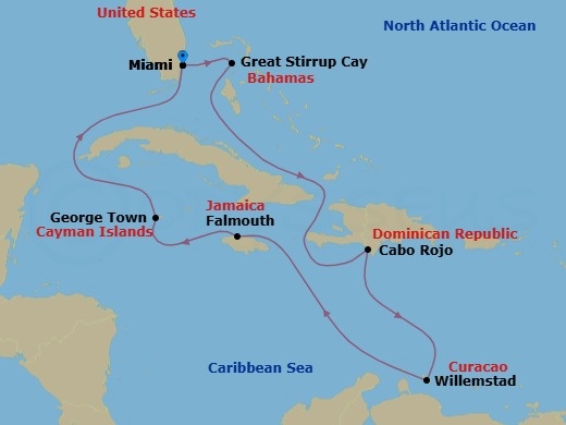 Route map: Miami, Fl → Great Stirrup Cay, Bahamas → Cabo Rojo, Dominican Republic → Willemstad, Netherland Antilles → Falmouth, Jamaica → George Town, Cayman Islands → Miami, Fl