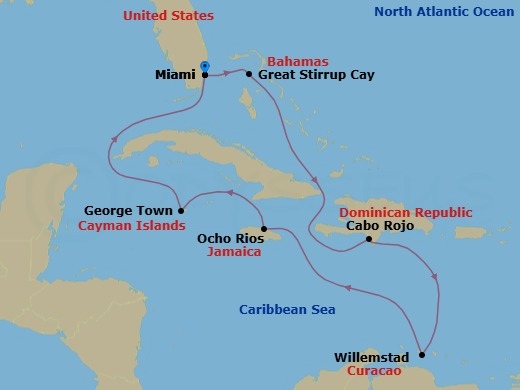 Route map: Miami, Fl → Great Stirrup Cay, Bahamas → Cabo Rojo, Dominican Republic → Willemstad, Netherland Antilles → Ocho Rios, Jamaica → George Town, Cayman Islands → Miami, Fl