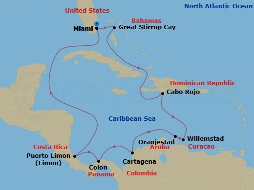 Route map: Miami, Fl → Great Stirrup Cay, Bahamas → Cabo Rojo, Dominican Republic → Willemstad, Netherland Antilles → Oranjestad, Aruba → Cartagena  Colombia → Panama Canal Gatun Lake Panama → Colon, Panama → Puerto Limon, Costa Rica → Miami, Fl
