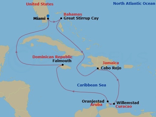 Route map: Miami, Fl → Great Stirrup Cay, Bahamas → Cabo Rojo, Dominican Republic → Willemstad, Netherland Antilles → Oranjestad, Aruba → Falmouth, Jamaica → Miami, Fl