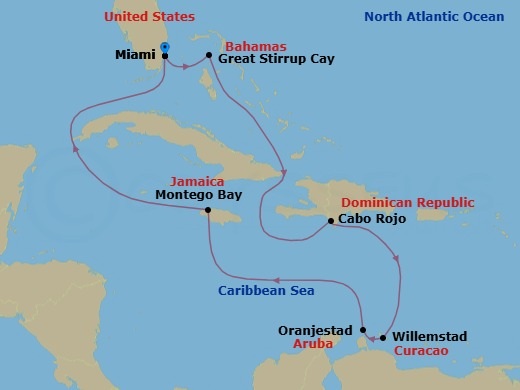 Route map: Miami, Fl → Great Stirrup Cay, Bahamas → Cabo Rojo, Dominican Republic → Willemstad, Netherland Antilles → Oranjestad, Aruba → Montego Bay, Jamaica → Miami, Fl
