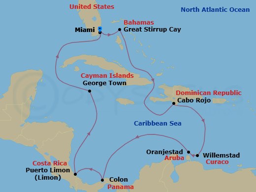 Route map: Miami, Fl → Great Stirrup Cay, Bahamas → Cabo Rojo, Dominican Republic → Willemstad, Netherland Antilles → Oranjestad, Aruba → Panama Canal Gatun Lake Panama → Colon, Panama → Puerto Limon, Costa Rica → George Town, Cayman Islands → Miami, Fl