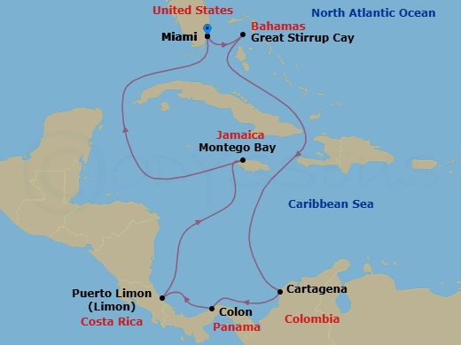 Route map: Miami, Fl → Great Stirrup Cay, Bahamas → Cartagena  Colombia → Panama Canal Gatun Lake Panama → Colon, Panama → Puerto Limon, Costa Rica → Montego Bay, Jamaica → Miami, Fl