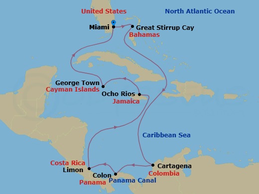 Route map: Miami, Fl → Great Stirrup Cay, Bahamas → Cartagena  Colombia → Panama Canal Gatun Lake Panama → Colon, Panama → Puerto Limon, Costa Rica → Ocho Rios, Jamaica → George Town, Cayman Islands → Miami, Fl