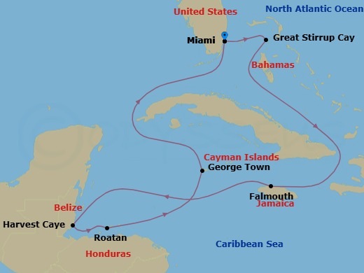 Route map: Miami → Great Stirrup Cay → Falmouth → Harvest Caye → Roatan → George Town → Miami
