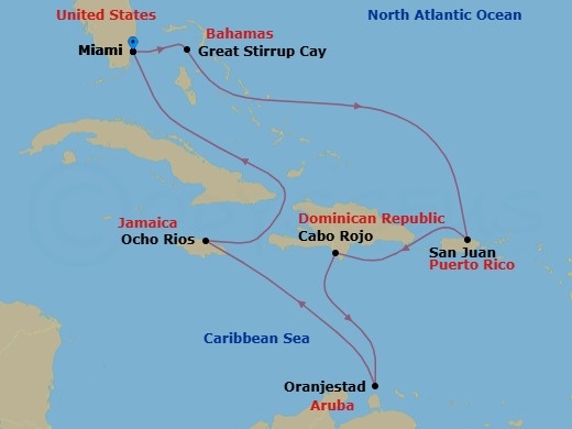 Route map: Miami, Fl → Great Stirrup Cay, Bahamas → San Juan, Pr → Cabo Rojo, Dominican Republic → Oranjestad, Aruba → Ocho Rios, Jamaica → Miami, Fl