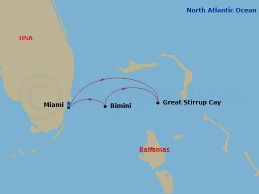 Route map: Miami, Fl → Great Stirrup Cay, Bahamas → Bimini, Bahamas → Miami, Fl