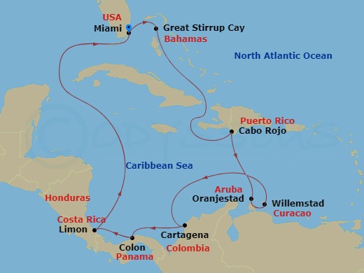 Route map: Miami, Fl → Great Stirrup Cay, Bahamas → Cabo Rojo, Dominican Republic → Oranjestad, Aruba → Willemstad, Netherland Antilles → Cartagena  Colombia → Panama Canal Gatun Lake Panama → Colon, Panama → Puerto Limon, Costa Rica → Miami, Fl