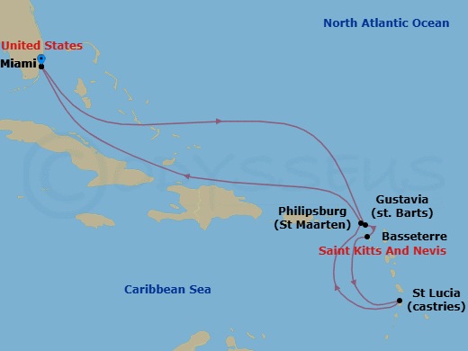 Route map: Miami → Gustavia → Basseterre → Castries → Philipsburg → Miami