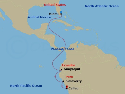 Route map: Miami, Florida, US → Crossing the Equator → Guayaquil, Ecuador → Salaverry (Trujillo), Peru → Callao (Lima), Peru