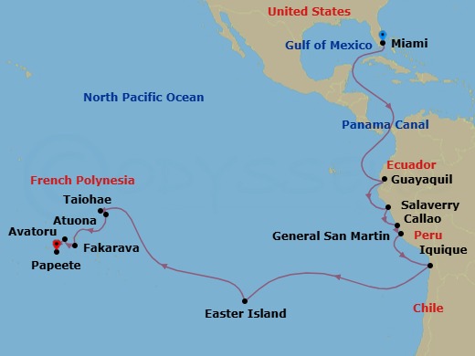 Route map: Miami, Florida, US → Crossing the Equator → Guayaquil, Ecuador → Salaverry (Trujillo), Peru → Callao (Lima), Peru → General San Martin (Pisco), Peru → Iquique, Chile → Easter Island, Chile → Taiohae, Nuku Hiva, French Polynesia → Atuona, Hiva Oa, French Polynesia