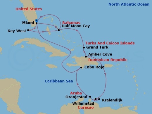 Route map: Miami, Florida, US → RelaxAway Half Moon Cay, Bahamas → Grand Turk, Turks and Caicos → Amber Cove, Dominican Republic → Willemstad, Curacao → Kralendijk, Bonaire → Oranjestad, Aruba → Cabo Rojo, Dominican Republic → Miami, Florida, US → Key West, Florida, US