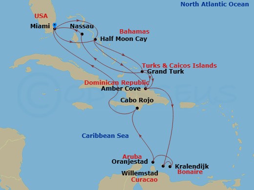 Route map: Miami, Florida, US → RelaxAway Half Moon Cay, Bahamas → Amber Cove, Dominican Republic → Grand Turk, Turks and Caicos → Nassau, Bahamas → Miami, Florida, US → RelaxAway Half Moon Cay, Bahamas → Grand Turk, Turks and Caicos → Amber Cove, Dominican Republic → Willemstad, Curacao