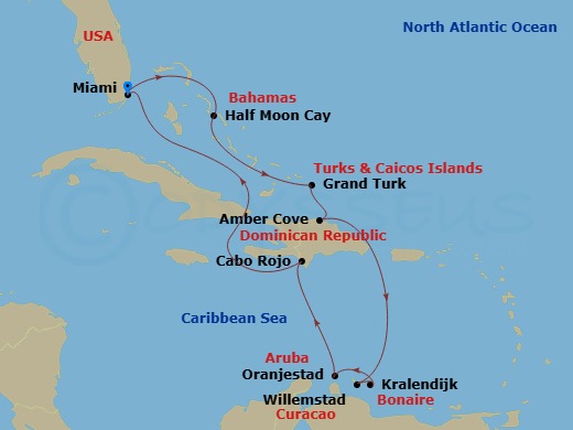 Route map: Miami, Florida, US → RelaxAway Half Moon Cay, Bahamas → Grand Turk, Turks and Caicos → Amber Cove, Dominican Republic → Willemstad, Curacao → Kralendijk, Bonaire → Oranjestad, Aruba → Cabo Rojo, Dominican Republic → Miami, Florida, US