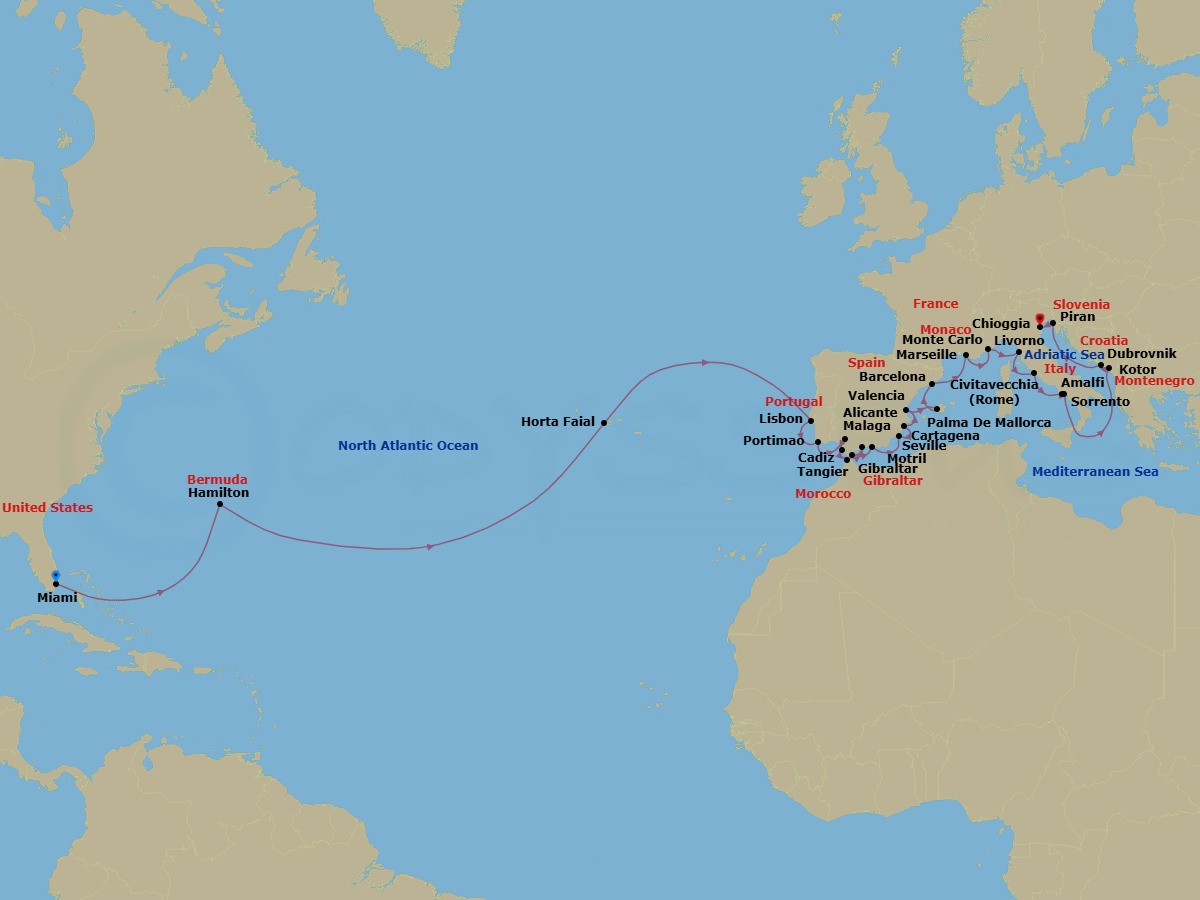 Route map: Miami, Florida → Hamilton → Horta, Azores → Lisbon → Portimao → Seville → Cadiz → Tangier → Malaga → Gibraltar