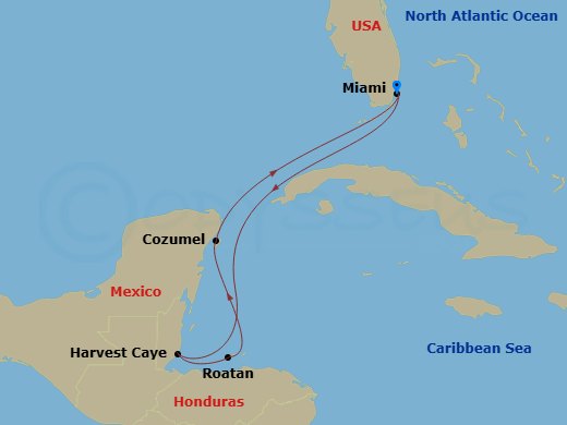 Route map: Miami, Fl → Harvest Caye, Belize → Roatan  Bay Islands, Honduras → Cozumel, Mexico → Miami, Fl