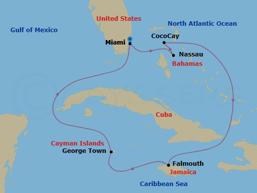 Route map: Miami, Florida → Nassau, Bahamas → Perfect Day Cococay, Bahamas → Falmouth, Jamaica → George Town, Grand Cayman → Miami, Florida