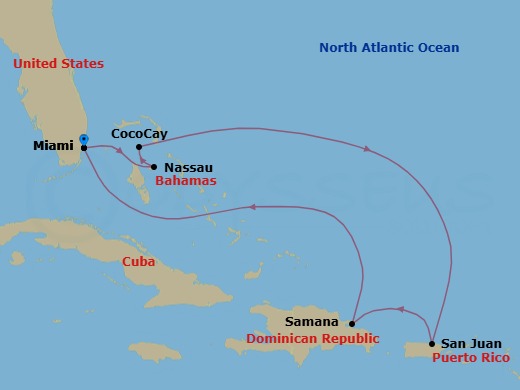Route map: Miami, Florida → Nassau, Bahamas → Perfect Day Cococay, Bahamas → San Juan, Puerto Rico → Samana, Dominican Republic → Miami, Florida