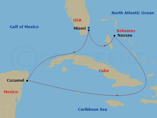 Route map: Miami, Florida → Nassau, Bahamas → Cozumel, Mexico → Miami, Florida