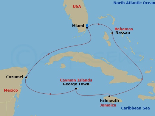 Route map: Miami, Florida → Nassau, Bahamas → Falmouth, Jamaica → George Town, Grand Cayman → Cozumel, Mexico → Miami, Florida