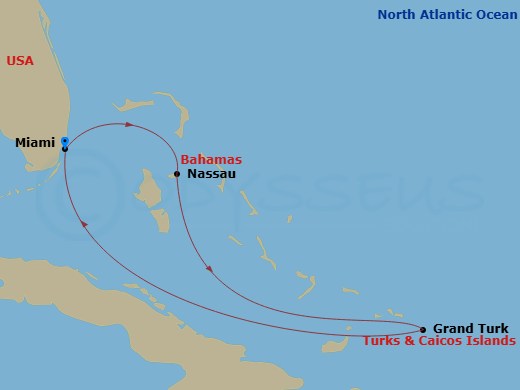 Route map: Miami, Florida → Nassau, Bahamas → Grand Turk, Turks & Caicos → Miami, Florida