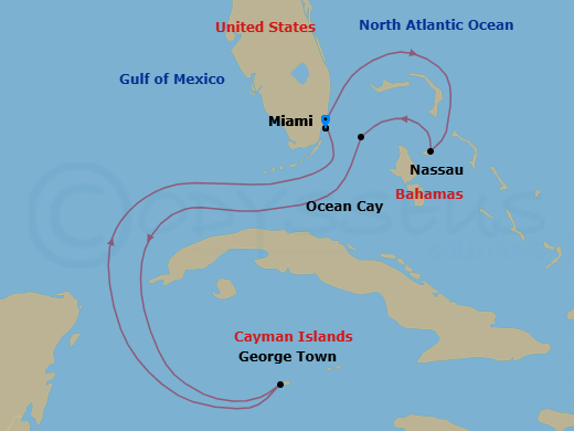 Route map: Miami Florida → Nassau Bahamas → Ocean Cay MSC Marine Reserve Bahamas → George Town Cayman Islands → Miami Florida