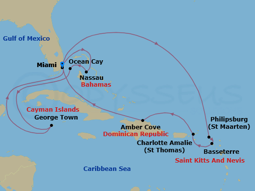 Route map: Miami Florida → Nassau Bahamas → Ocean Cay MSC Marine Reserve Bahamas → George Town Cayman Islands → Miami Florida → Philipsburg St. Maarten → Basseterre St Kitts & Nevis → Charlotte Amalie (St. Thomas) Virgin Islands → Amber Cove Dominican Republic → Miami Florida