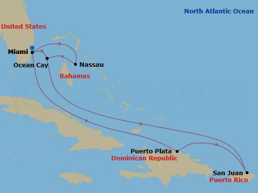 Route map: Miami Florida → Nassau Bahamas → Ocean Cay MSC Marine Reserve Bahamas → Miami Florida → Puerto Plata Dominican Republic → San Juan Puerto Rico → Ocean Cay MSC Marine Reserve Bahamas → Miami Florida