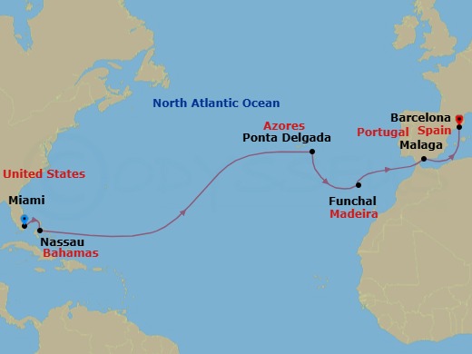 Route map: Miami → Nassau → Ponta Delgada (Azores) → Funchal (Madeira) → Malaga → Barcelona
