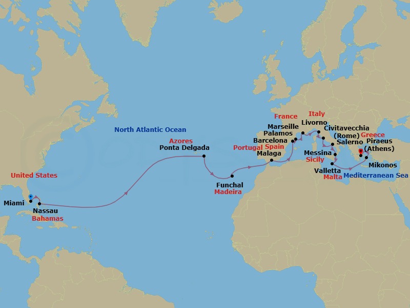 Route map: Miami → Nassau → Ponta Delgada (Azores) → Funchal (Madeira) → Malaga → Barcelona → Palamos → Provence (Marseille) → Florence/Pisa/Tuscany (Livorno) → Rome (Civitavecchia)
