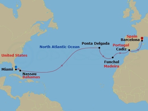 Route map: Miami → Nassau → Ponta Delgada (Azores) → Funchal (Madeira) → Cadiz → Barcelona