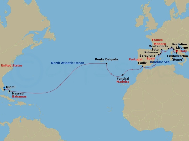 Route map: Miami → Nassau → Ponta Delgada (Azores) → Funchal (Madeira) → Cadiz → Barcelona → Palamos → Sete → Monte Carlo → Portofino