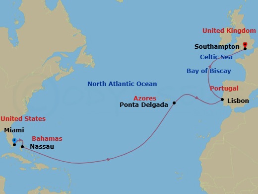 Route map: Miami → Nassau → Ponta Delgada (Azores) → Lisbon → London (Southampton)