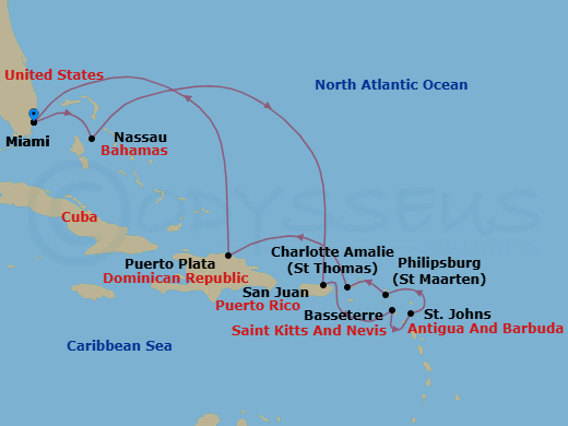 Route map: Miami → Nassau → San Juan → Basseterre → St. John's → Philipsburg → Charlotte Amalie → Puerto Plata → Miami