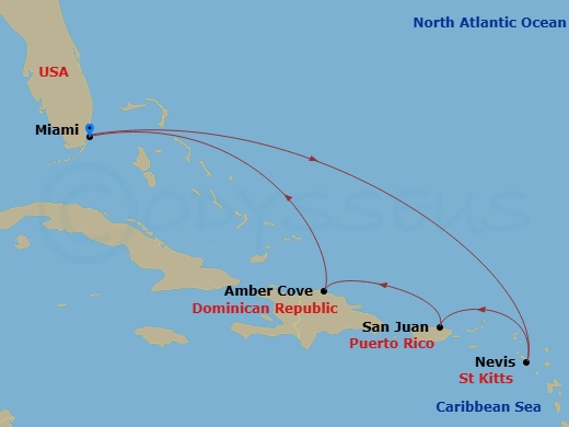 Route map: Miami, Florida → St. Kitts → San Juan, Puerto Rico → Amber Cove, Dominican Republic → Miami, Florida