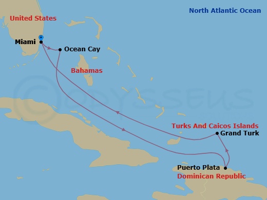 Route map: Miami Florida → Ocean Cay MSC Marine Reserve Bahamas → Puerto Plata Dominican Republic → Grand Turk Island Turks and Caicos → Miami Florida