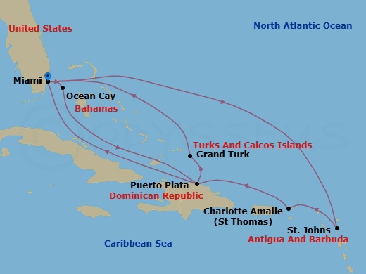 Route map: Miami Florida → Ocean Cay MSC Marine Reserve Bahamas → Puerto Plata Dominican Republic → Grand Turk Island Turks and Caicos → Miami Florida → St. John's Antigua and Barbuda → Charlotte Amalie (St. Thomas) Virgin Islands → Puerto Plata Dominican Republic → Miami Florida