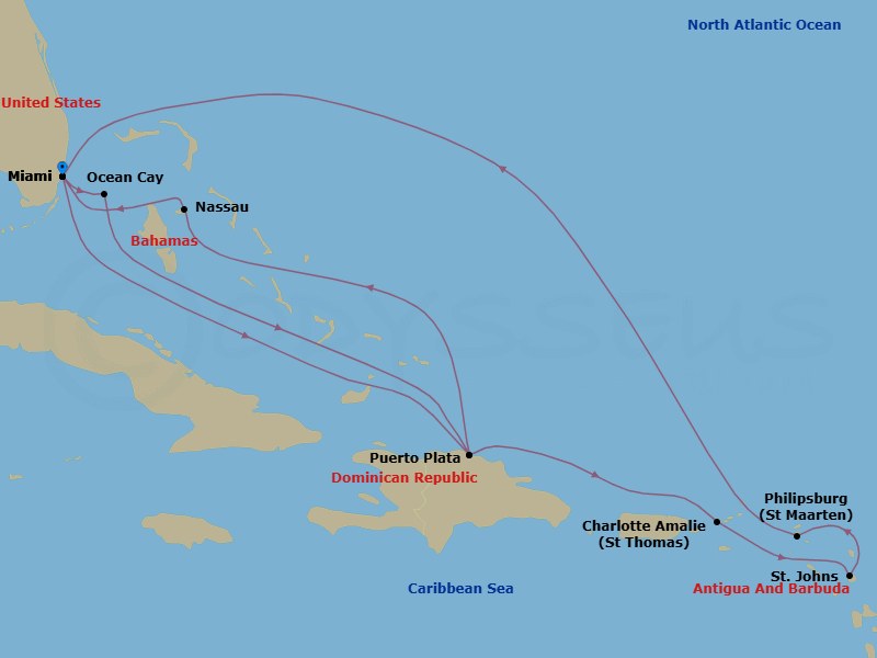 Route map: Miami Florida → Ocean Cay MSC Marine Reserve Bahamas → Puerto Plata Dominican Republic → Nassau Bahamas → Miami Florida → Puerto Plata Dominican Republic → Charlotte Amalie (St. Thomas) Virgin Islands → St. John's Antigua and Barbuda → Philipsburg St. Maarten → Miami Florida