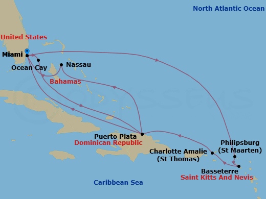 Route map: Miami Florida → Ocean Cay MSC Marine Reserve Bahamas → Puerto Plata Dominican Republic → Nassau Bahamas → Miami Florida → Philipsburg St. Maarten → Basseterre St Kitts & Nevis → Charlotte Amalie (St. Thomas) Virgin Islands → Puerto Plata Dominican Republic → Miami Florida