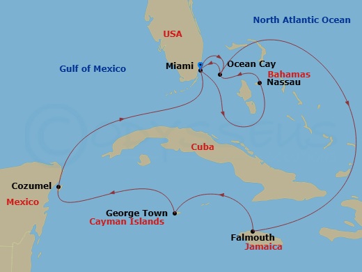 Route map: Miami Florida → Ocean Cay MSC Marine Reserve Bahamas → Falmouth Jamaica → George Town Cayman Islands → Cozumel Mexico → Miami Florida → Nassau Bahamas → Ocean Cay MSC Marine Reserve Bahamas → Miami Florida