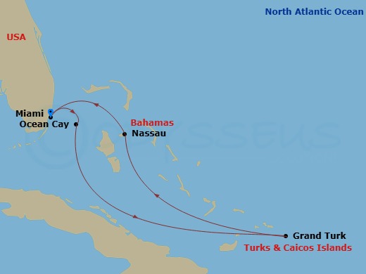 Route map: Miami Florida → Ocean Cay MSC Marine Reserve Bahamas → Grand Turk Island Turks and Caicos → Nassau Bahamas → Miami Florida