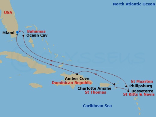Route map: Miami Florida → Ocean Cay MSC Marine Reserve Bahamas → Philipsburg St. Maarten → Basseterre St Kitts & Nevis → Charlotte Amalie (St. Thomas) Virgin Islands → Amber Cove Dominican Republic → Miami Florida