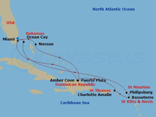 Route map: Miami Florida → Ocean Cay MSC Marine Reserve Bahamas → Philipsburg St. Maarten → Basseterre St Kitts & Nevis → Charlotte Amalie (St. Thomas) Virgin Islands → Amber Cove Dominican Republic → Miami Florida → Ocean Cay MSC Marine Reserve Bahamas → Puerto Plata Dominican Republic → Nassau Bahamas