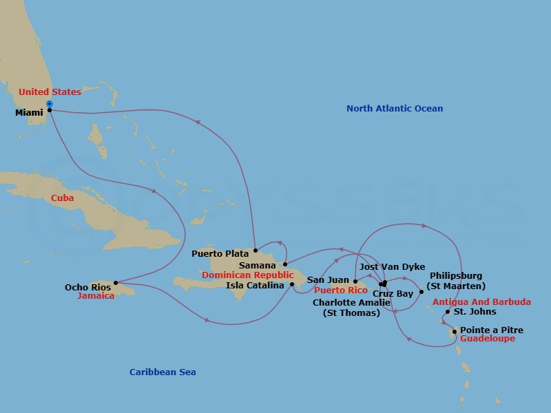 Route map: Miami → Ocho Rios → Isla Catalina → Jost Van Dyke → St. Maarten/Philipsburg → Charlotte Amalie (Saint Thomas) → San Juan → St. John's (Antigua) → Pointe-A-Pitre → Saint John/Cruz Bay