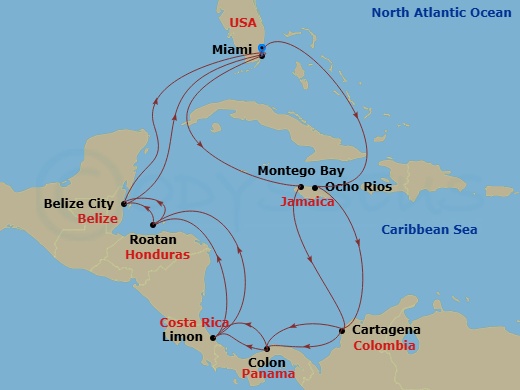 Route map: Miami Florida → Ocho Rios Jamaica → Cartagena Colombia → Colon Panama → Puerto Limon Costa Rica → Isla de Roatan Honduras → Belize City Belize → Miami Florida → Montego Bay Jamaica → Cartagena Colombia